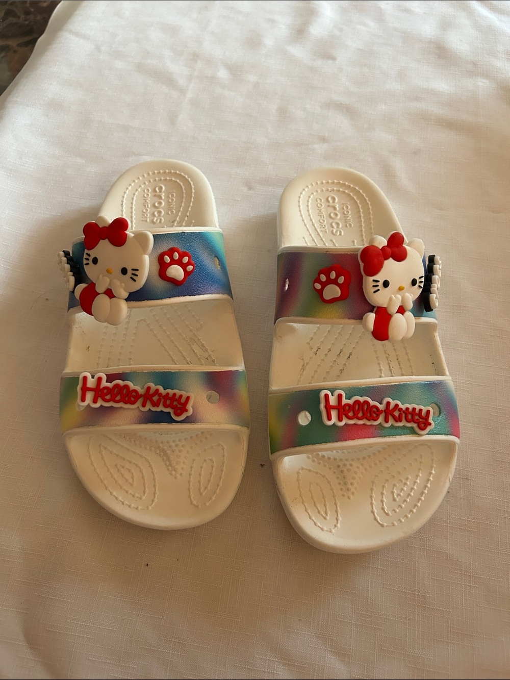 Hello Kitty White Slides with Rainbow Gradient Straps and Character Accents